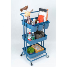 Dark Blue 3 Tier Rolling Trolley ABS Basket Organizer Shelves Kitchen Bathroom Storage Cart